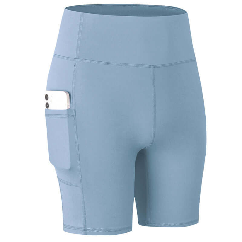 Light blue pocket sport shorts with high waistband and phone pocket, designed for comfort and convenience during workouts.