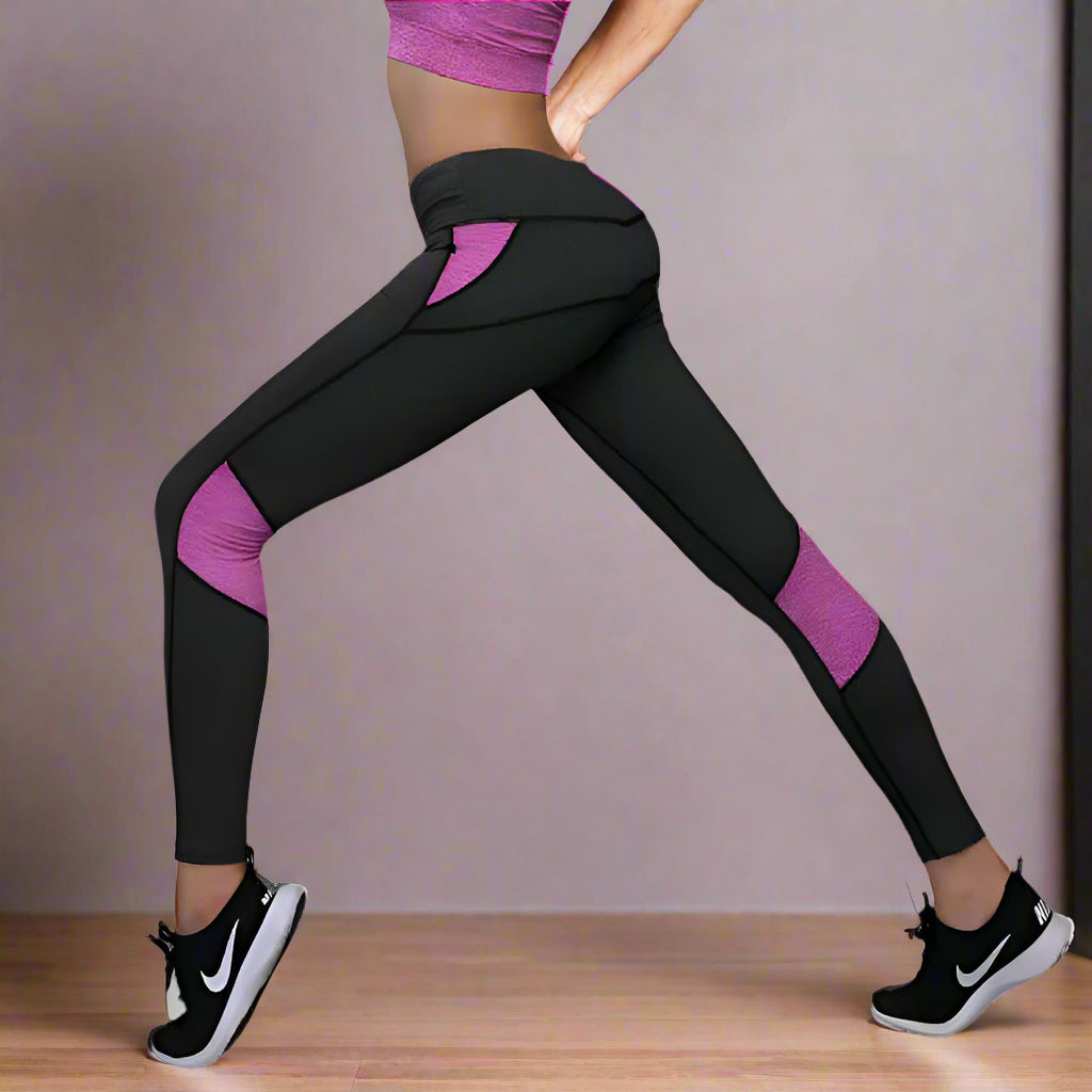Athletic mesh panel leggings with pink accents, designed for comfort and style, showcasing a sleek fit and flexibility during workouts.