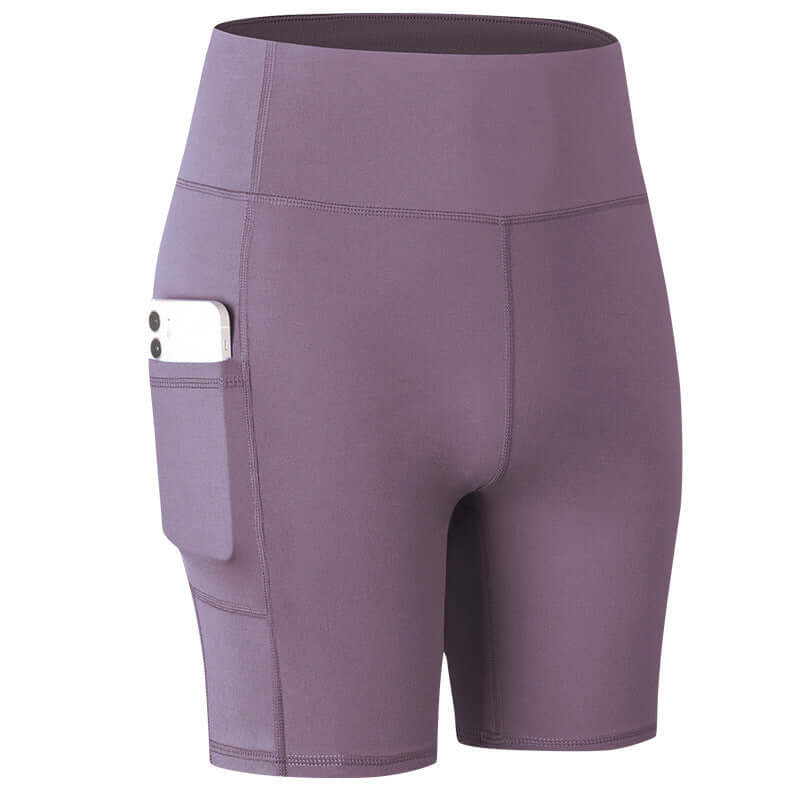 Purple pocket sport shorts with phone pocket, designed for athletic activities and comfort.