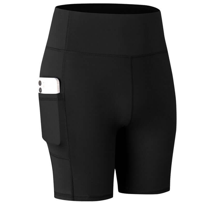 Black pocket sport shorts with phone pocket, ideal for workouts, featuring a sleek design and high-waist fit.
