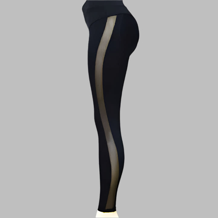 Black high waist yoga leggings with sheer side panel for women, elastic sport fit, side view on grey background.
