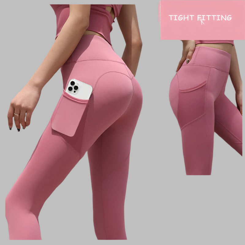 Pink seamless leggings with pockets for women, high waist, push-up design, ideal for running, yoga, fitness activities.