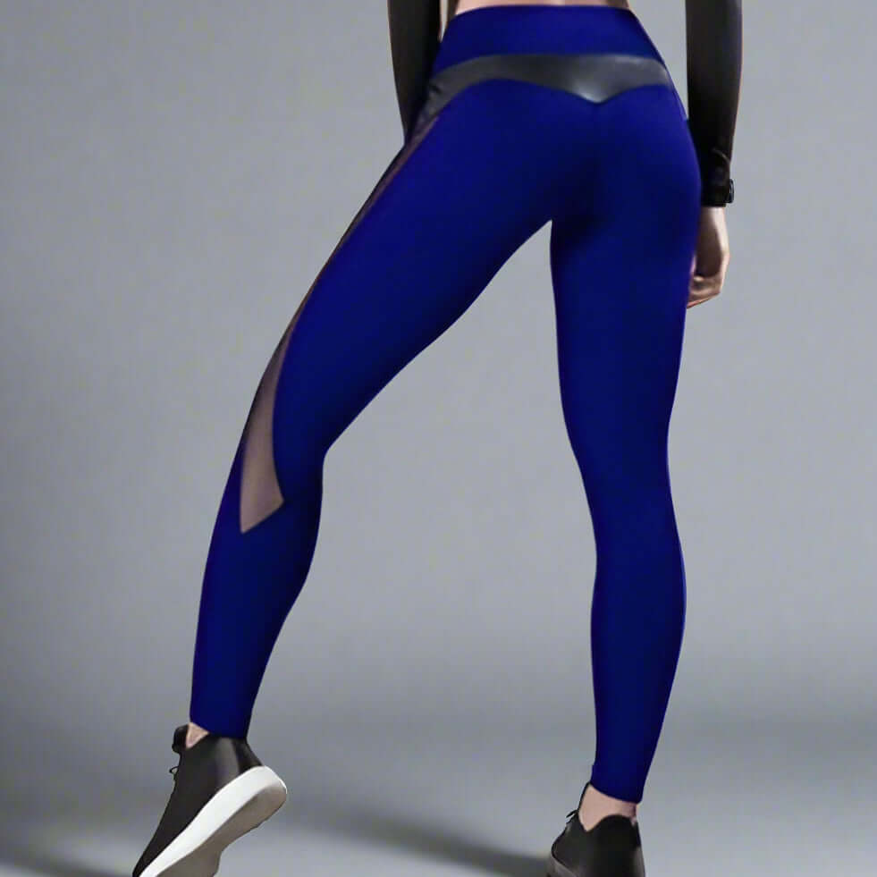 Blue high-waist gym leggings for women, designed for dynamic movement and support. Available in multiple colors and sizes.