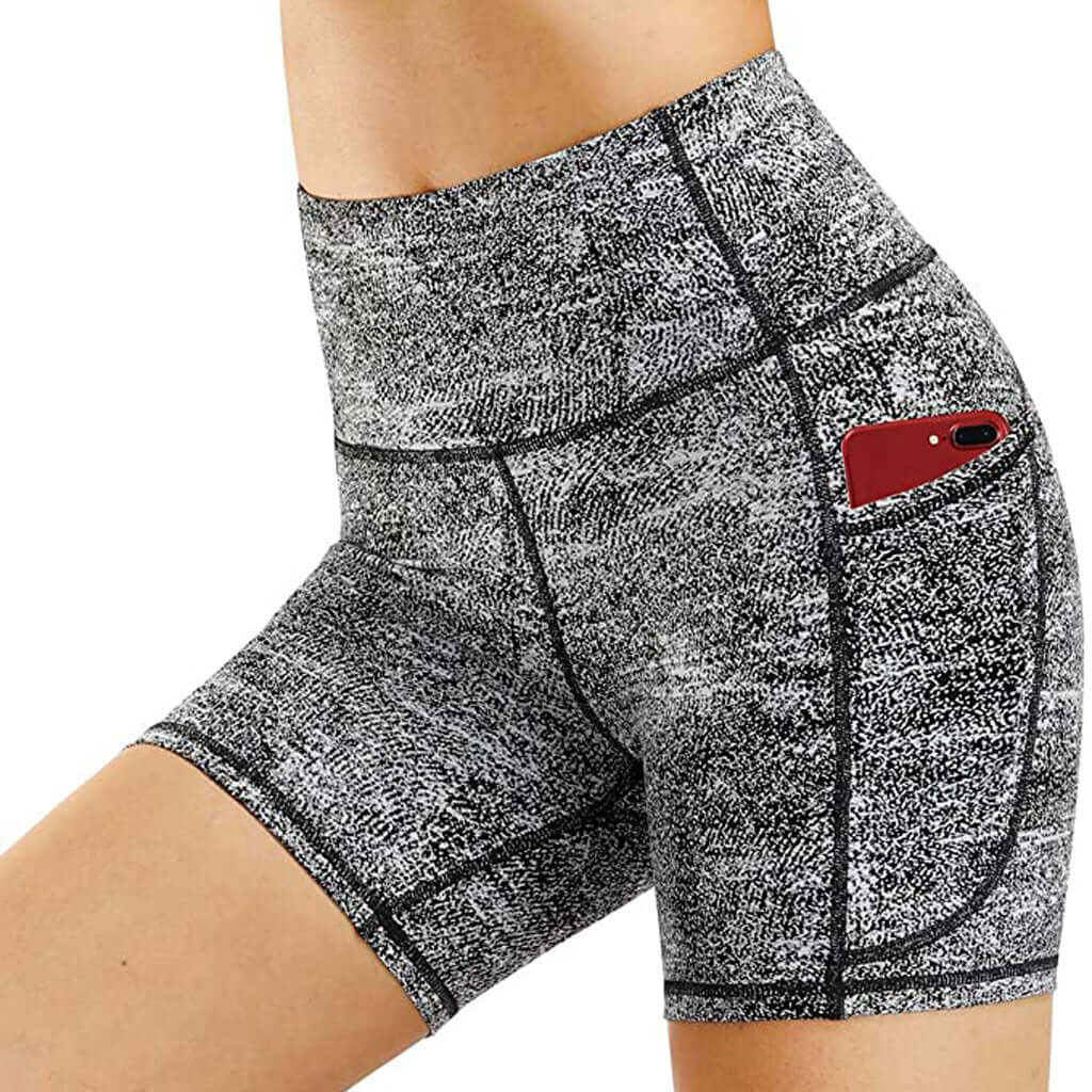 Gray Active Splice Shorts with hip-lifting design and phone pocket for yoga, running, or gym training.