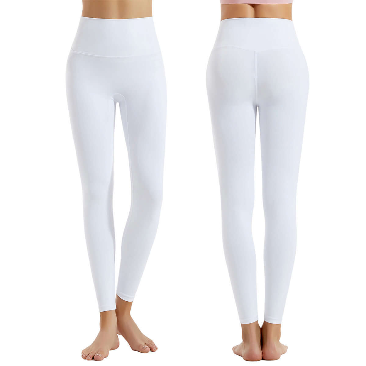 White activewear sports leggings made from soft nylon, showcased front and back, ideal for workouts, yoga, or casual wear.