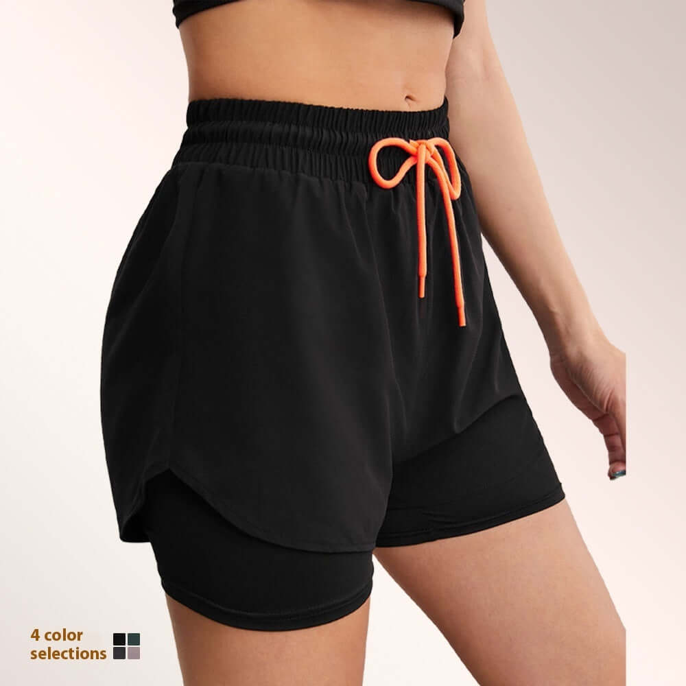 Side view of anti-exposure drawstring sports shorts with orange tie on a model, showcasing athletic fit and style.