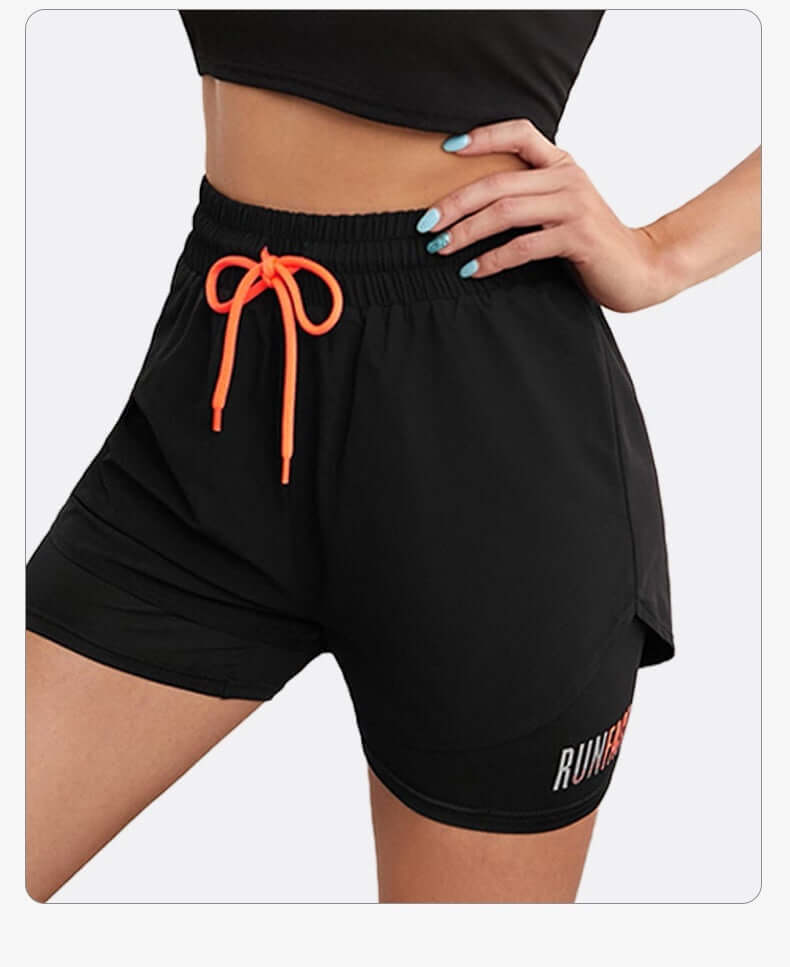 Anti-exposure drawstring sports shorts in black with orange tie, ideal for active wear and comfort during workouts.
