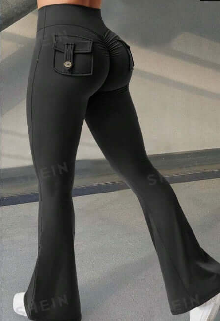 High waist black workout lifting leggings with back pockets for enhanced gym style and performance.