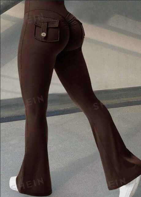 Back view of women's workout lifting leggings in brown with pockets, designed for fitness and comfort.