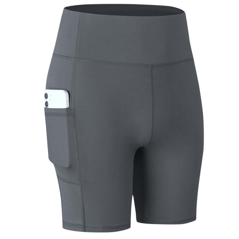 Gray pocket sport shorts with high waistband and smartphone pocket, ideal for workouts and outdoor activities.