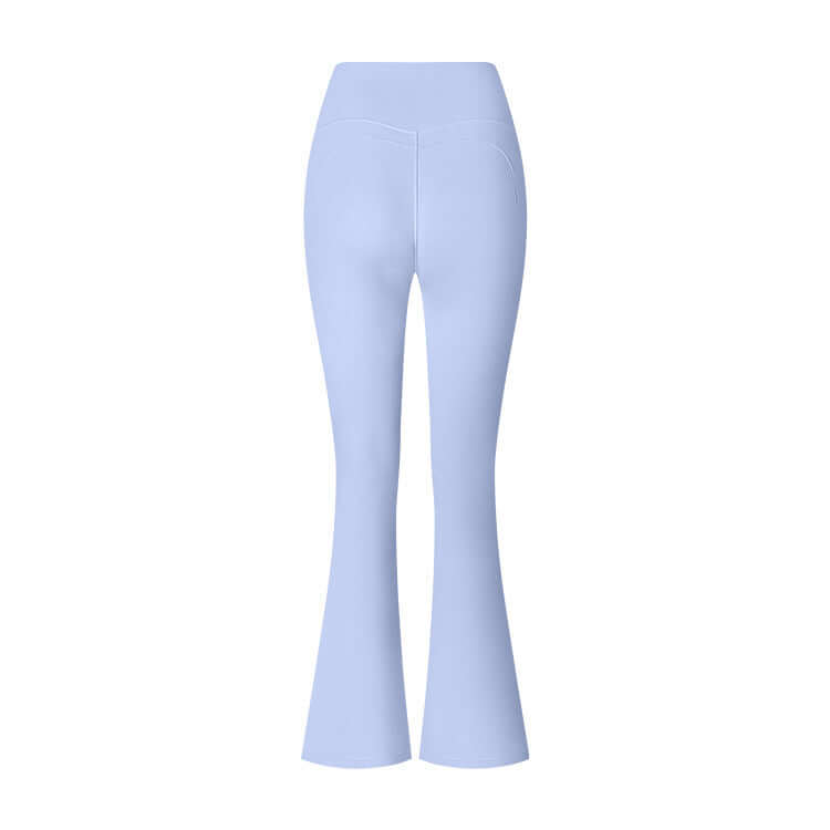 Back view of light blue flared yoga pants with high waist design for women