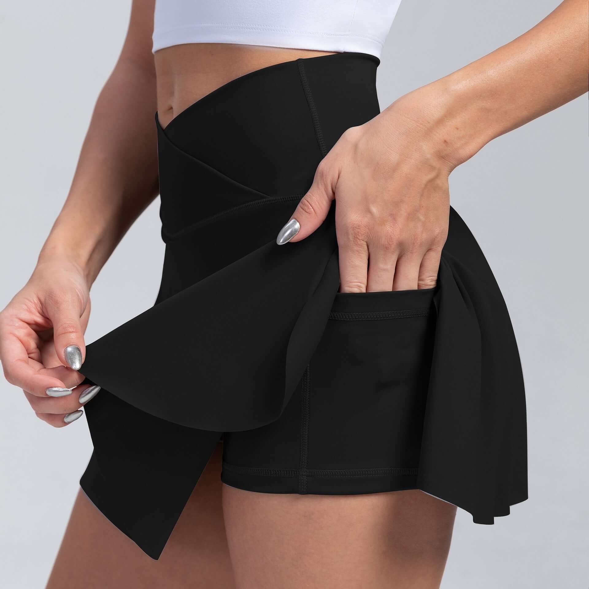 Women's sport yoga shorts with built-in skirt, moisture-wicking, solid color for all seasons. Ideal fit for workout and yoga sessions.