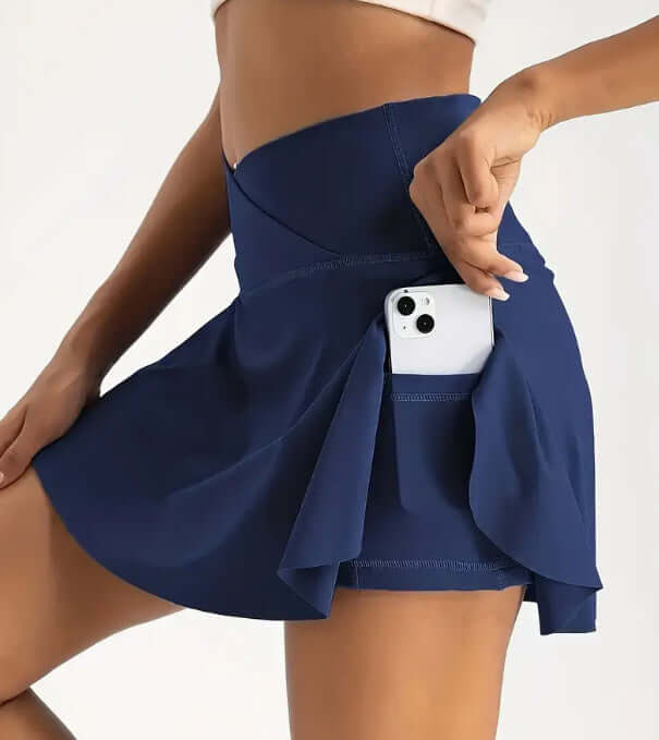 Stylish sport yoga shorts with built-in skirt design, featuring a side pocket for convenience, perfect for all seasons.