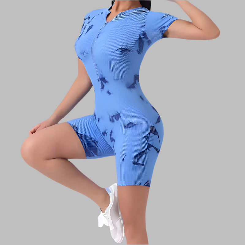 Women's tie-dye yoga bodysuit in blue. Organic cotton. Relaxed fit and breathable material for ultimate comfort.