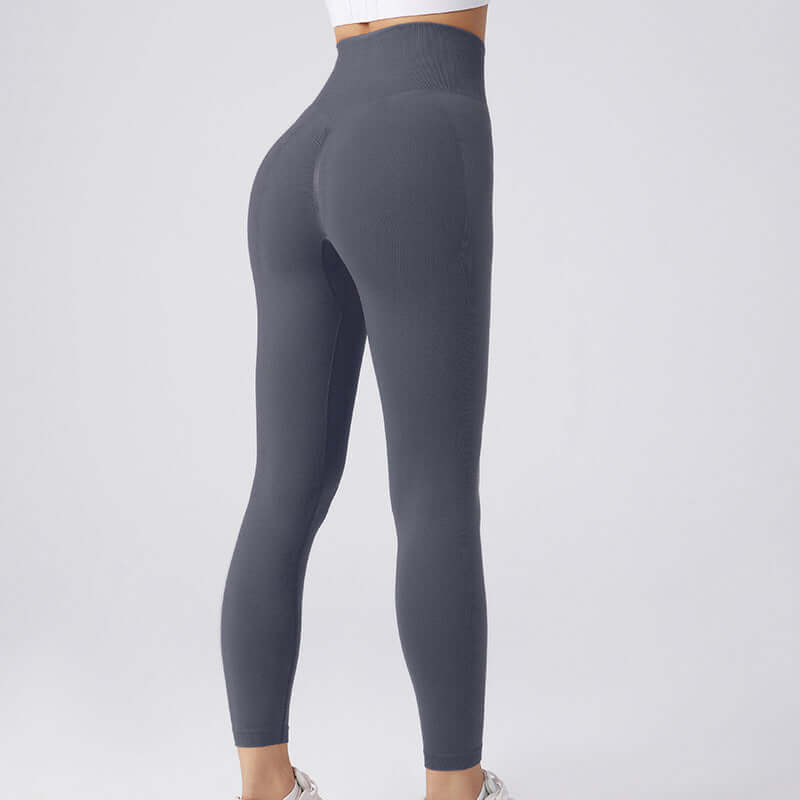 High-waisted workout running leggings in gray, available in sizes S to L, showcasing a comfortable and sleek fit.