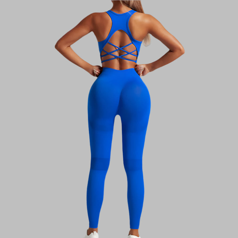 Blue hip lifting sport leggings yoga suit with cross-back design, ideal for gym workouts and fitness enthusiasts.