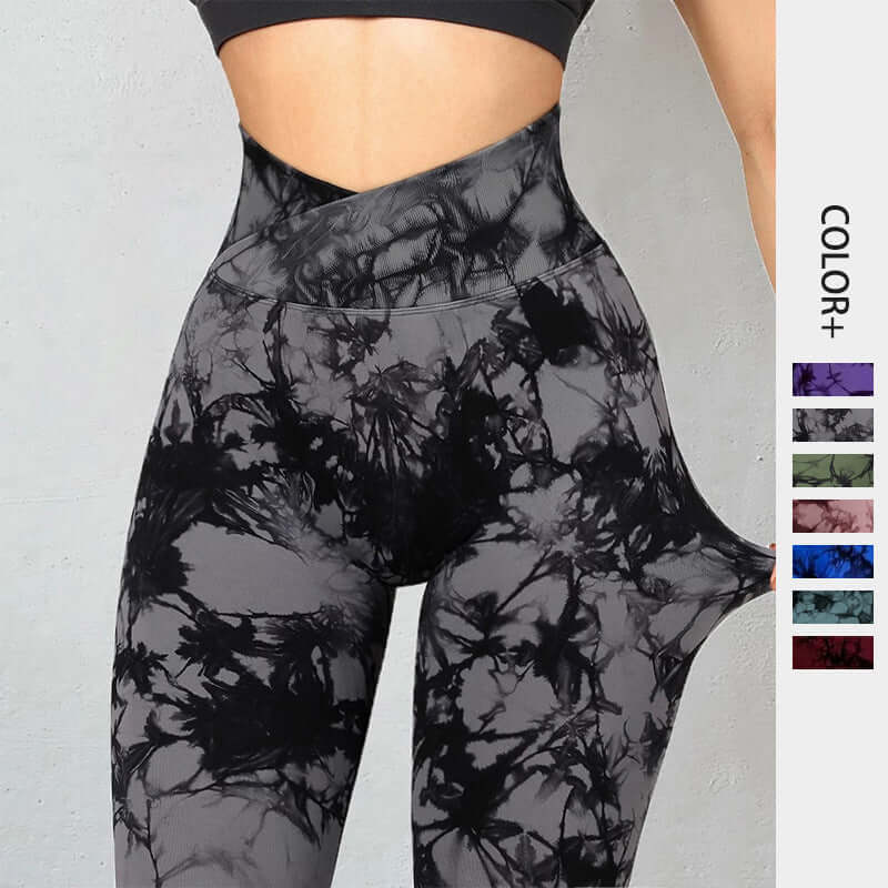 High-waisted black and gray tie dye leggings with multiple color options displayed on the side.