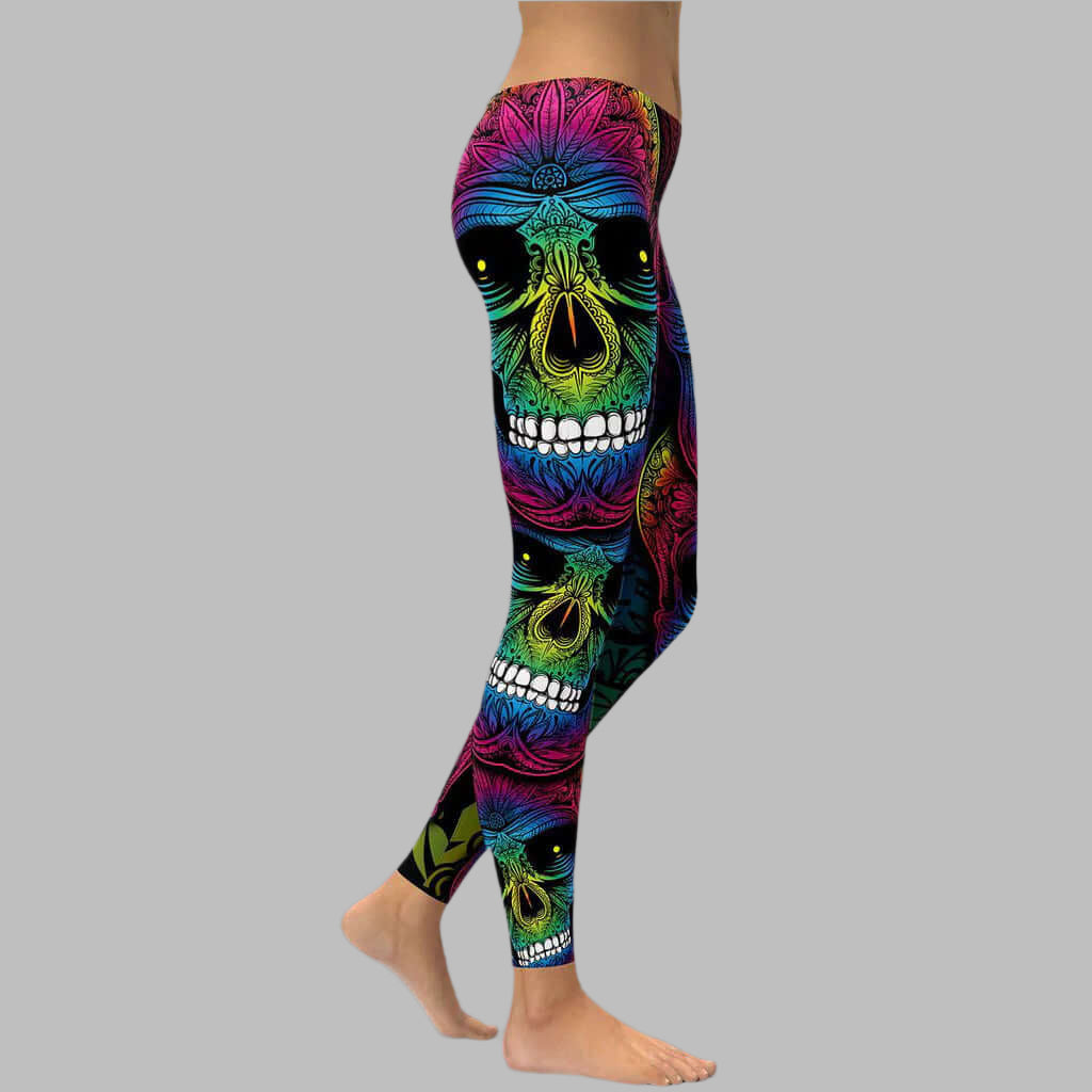 Vibrant rainbow skull leggings showcasing colorful skull design, perfect for unique and bold fashion statements.