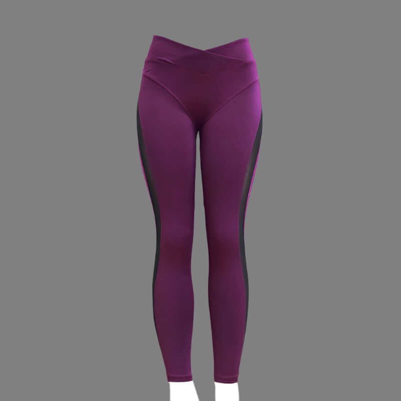 Purple high waist yoga leggings for women with elastic fit. Sport design ideal for workout. Front view showcasing sleek style.