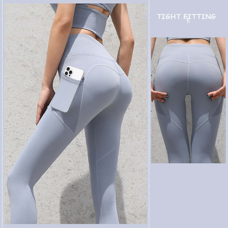 Women's seamless leggings with pockets, high waist, push up design, ideal for gym, yoga, and running. Tight fitting style.