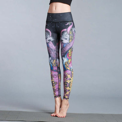 Printed yoga leggings with colorful artistic design, featuring flamingos and imaginative patterns, perfect for fitness and style.