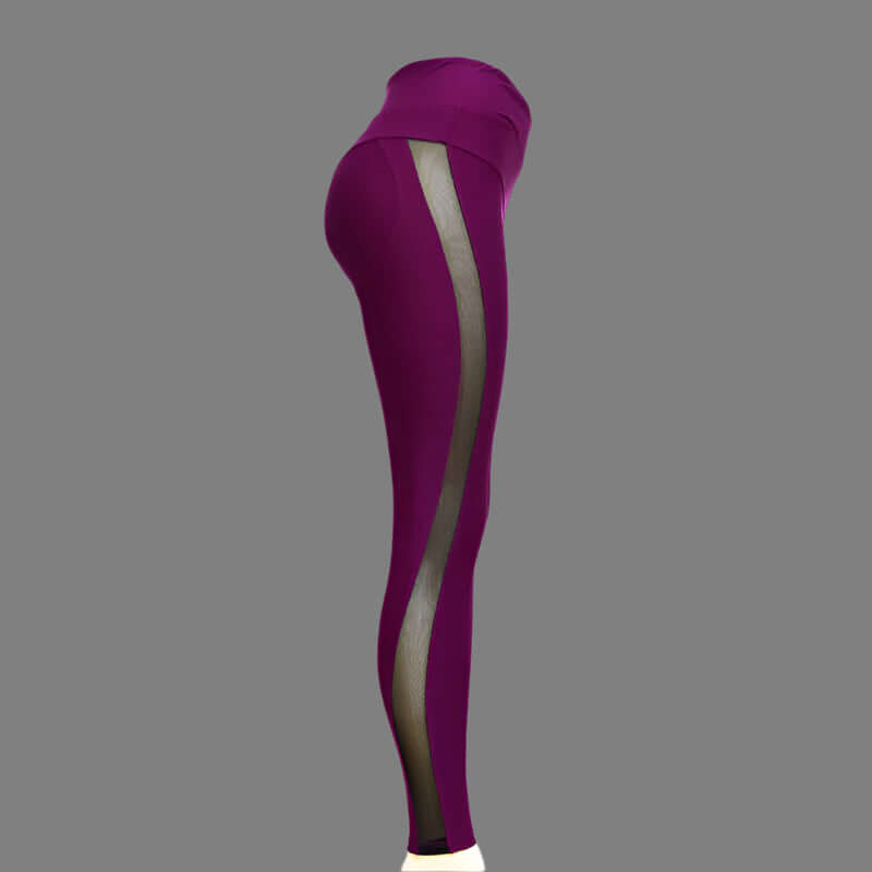 Purple high waist yoga leggings with mesh stripe accent, women's activewear for comfort and style during workouts.