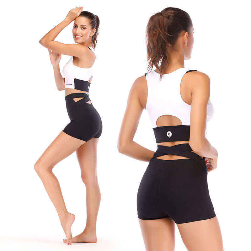 Woman wearing seamless yoga shorts in black, showcasing front and back views, ideal for fitness and sports. Available in sizes S-XL.