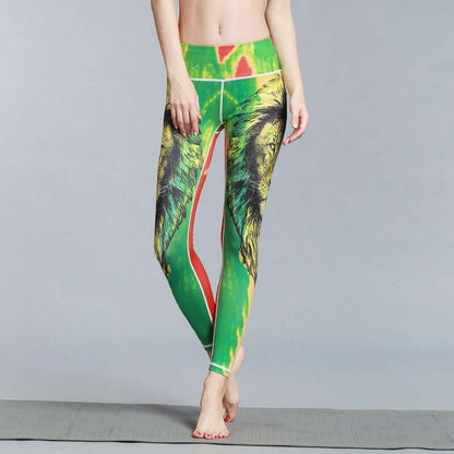 Colorful printed yoga leggings with a vibrant green and yellow design, perfect for workout and yoga sessions.