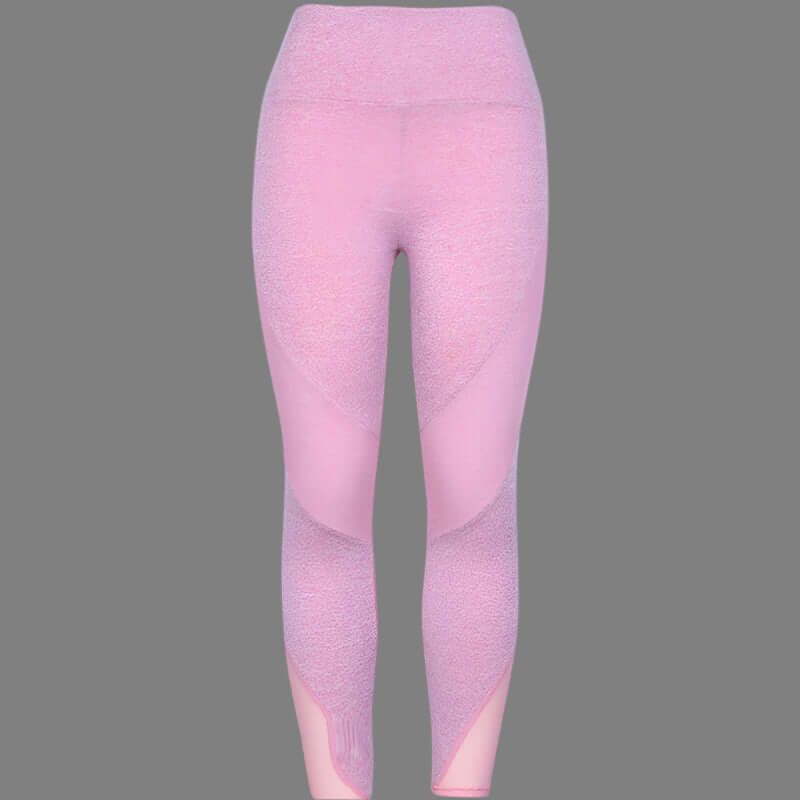 Pink fitness leggings, high-waisted with textured fabric, designed for women's activewear and yoga.