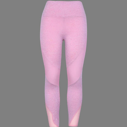 Pink fitness leggings, high-waisted with textured fabric, designed for women's activewear and yoga.