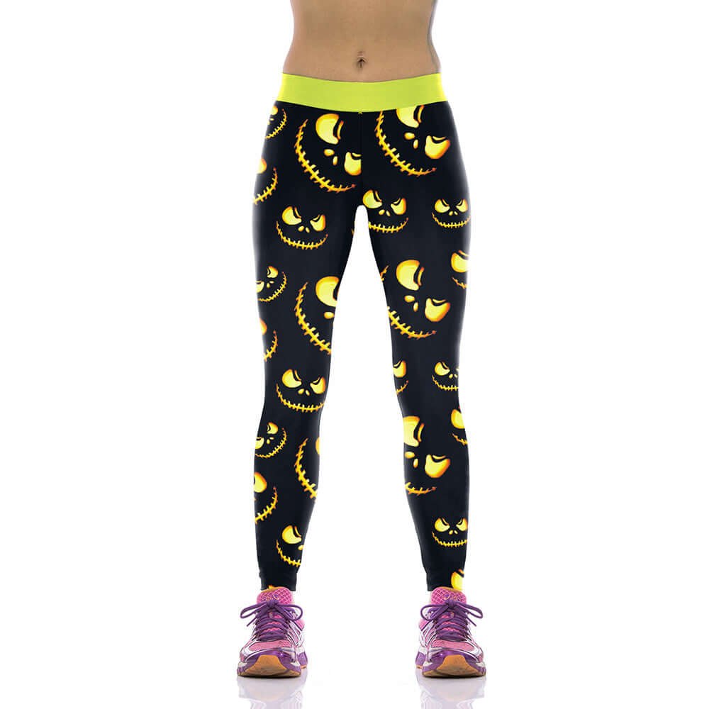 Women's Halloween-themed fashion sport leggings with spooky yellow eyes print, available in sizes S, M, L, XL. Perfect for workouts.