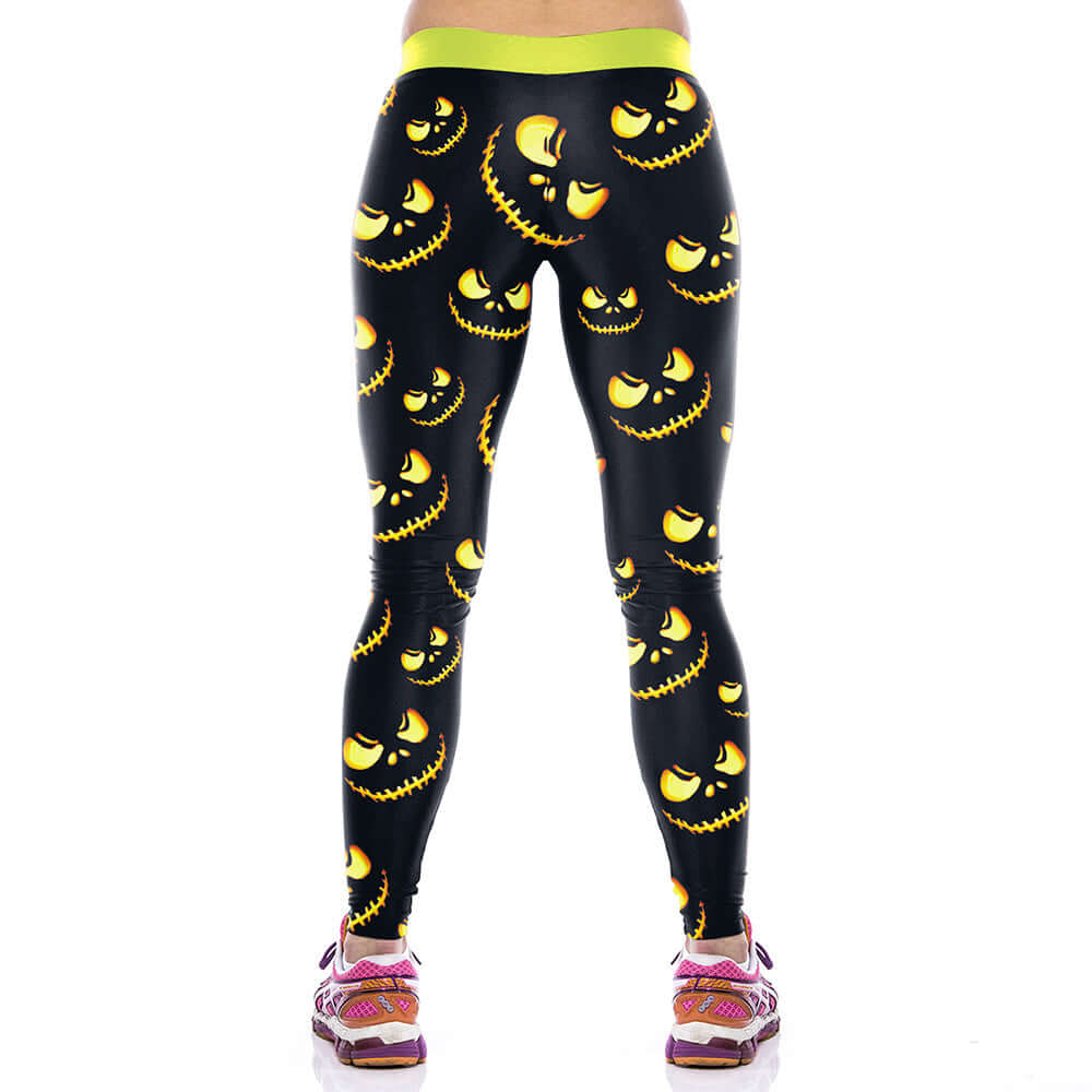 Fashion sport leggings featuring a Halloween pumpkin print, available in sizes S M L XL. Perfect for workouts and themed events.