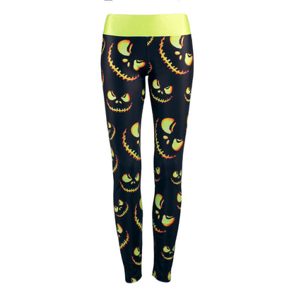 Black sport leggings with Halloween-inspired ghost face print, available in sizes S, M, L, XL. Stylish and comfortable for workouts.