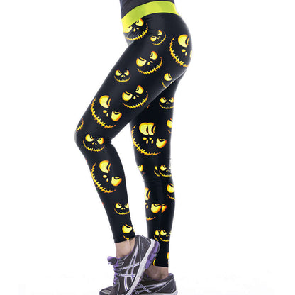 Fashion sport leggings with spooky Halloween pumpkin design, available in sizes S M L XL, perfect for workouts and casual wear.