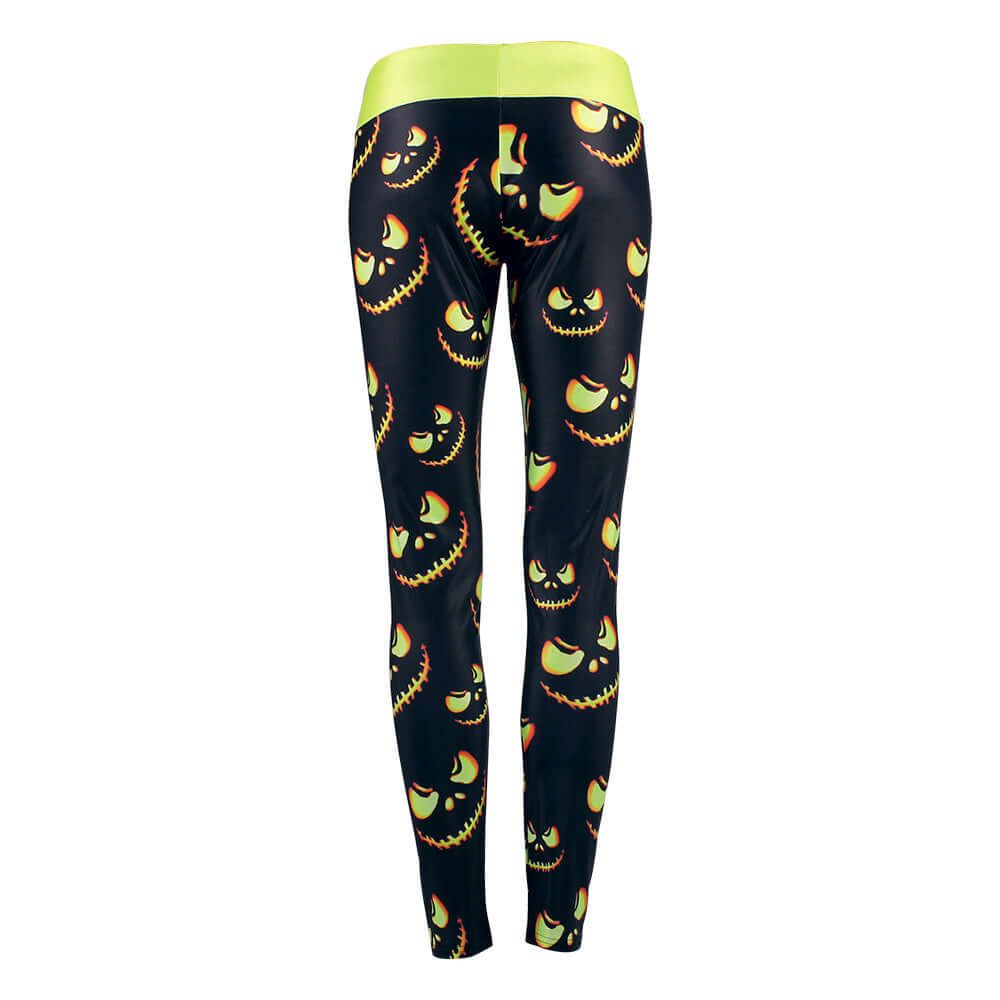 Women's Halloween-themed leggings with a spooky pumpkin design, available in sizes S to XL, perfect for fashion and sports activities.