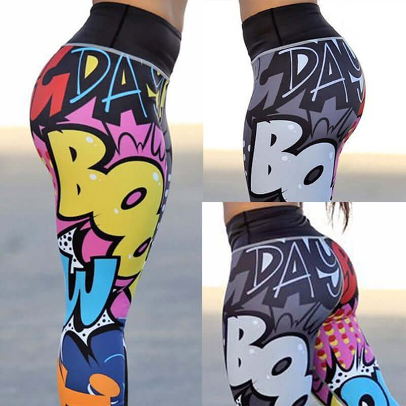 Colorful graffiti printed sports leggings in a collage view showing side and rear perspectives.