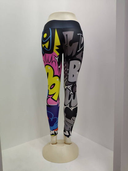 Colorful printed sports leggings with graffiti design displayed on a mannequin, showcasing vibrant street art patterns.