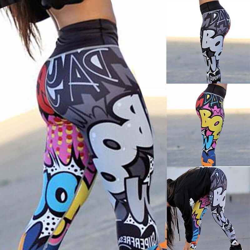 Vibrant printed sports leggings featuring bold graphic designs, perfect for adding style to your workout or casual wear.