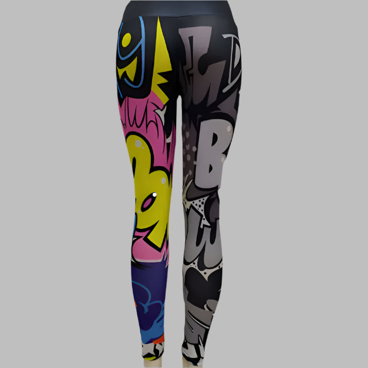 Colorful printed sports leggings with abstract and artistic design.