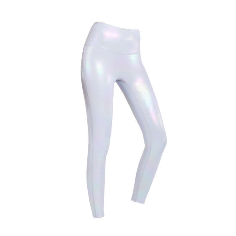 Shiny white embossed workout leggings with high waist and seamless design, ideal for gym sessions and yoga, available in S to XL sizes.