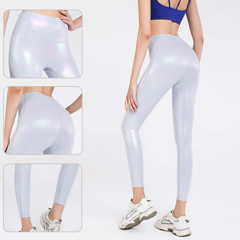 Woman wearing embossed workout leggings with iridescent sheen, showcasing fit and style from different angles. Available in sizes S to XL.