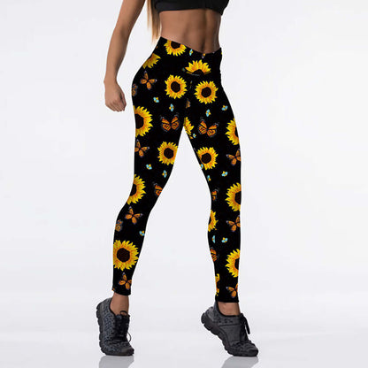 Fitness leggings with vibrant sunflower pattern and butterfly accents, ideal for casual and workout wear.