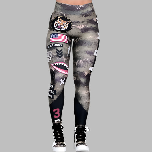 Camouflage sport fitness leggings with patchwork designs including tiger head and USA flag, ideal for workout and casual wear.