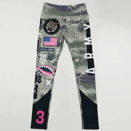 Camo sport fitness leggings with military patches and USA flag design, featuring high waistband and modern print style.