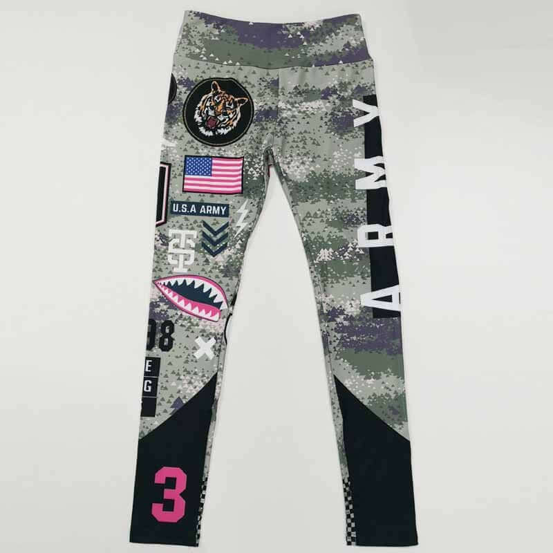 Camo sport fitness leggings with military and tiger patches, featuring 'ARMY' text and American flag detailing.