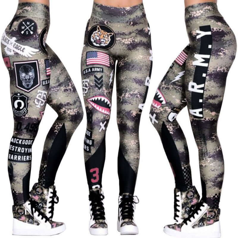 Camouflage sport fitness leggings with military-inspired graphics and patches, showcasing style and functionality.