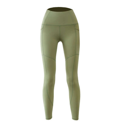 Olive green high waist leggings with pockets, perfect for yoga or workouts, offering comfort and style for active wear.