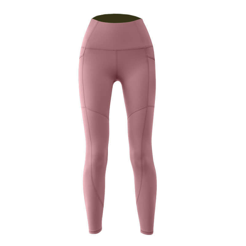 Women's high waist pocket leggings in pink, featuring a sleek design for comfort and style during workouts or casual wear.