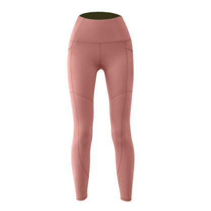 High waist pocket leggings in rose pink, showcasing a front view with sleek design and side pockets for workout and casual wear.