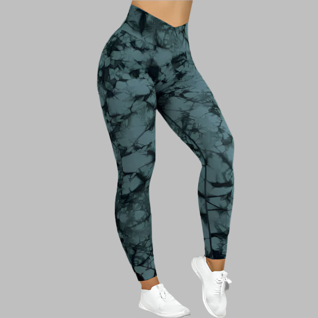 Stylish tie dye leggings with a gray and black pattern, highlighting comfortable fit and modern fashion aesthetics.